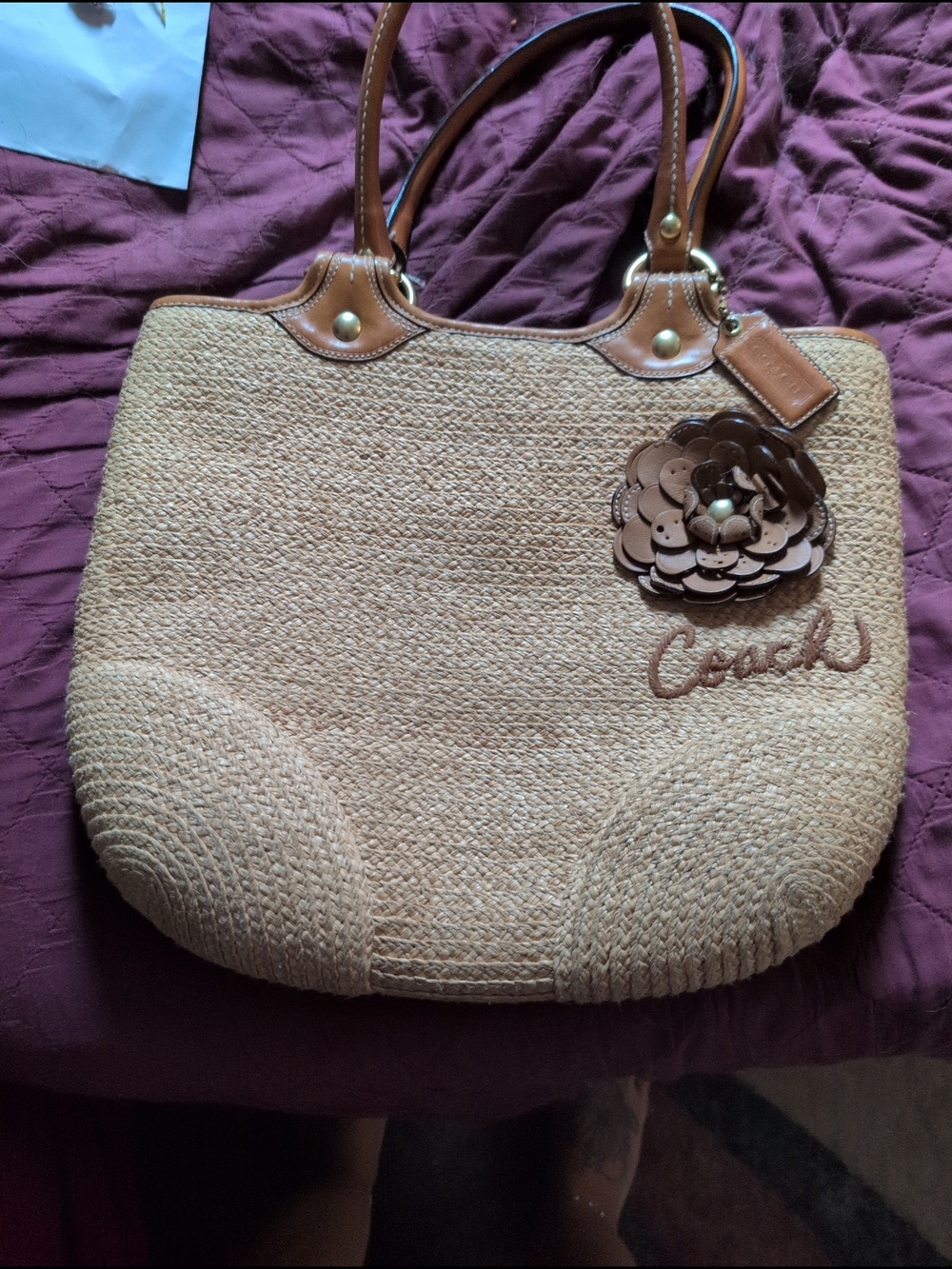 Coach Straw Tote in Tan with Brown Leather Flower Accent